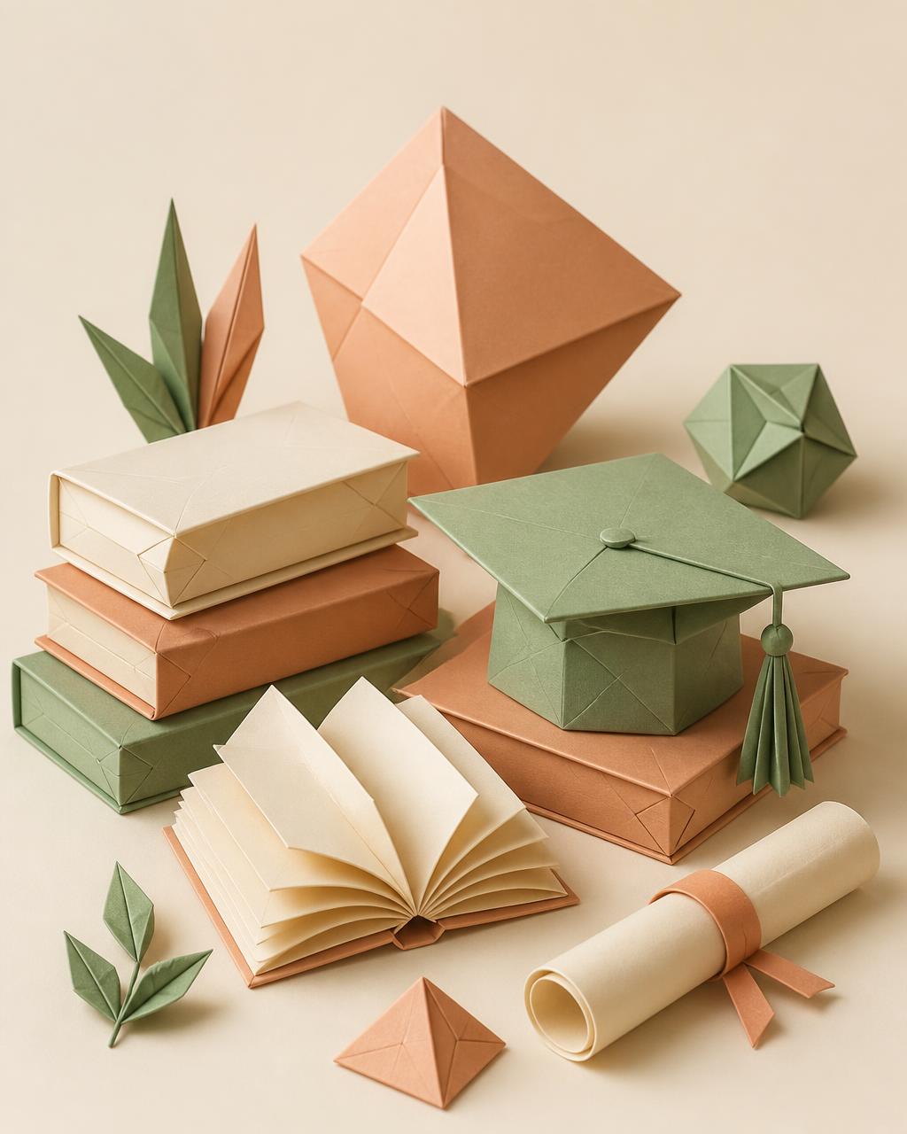 Composición conceptual de origami sobre estudios y formación: libros plegados, birrete y diploma en tonos crema, melocotón, terracota y verde salvia