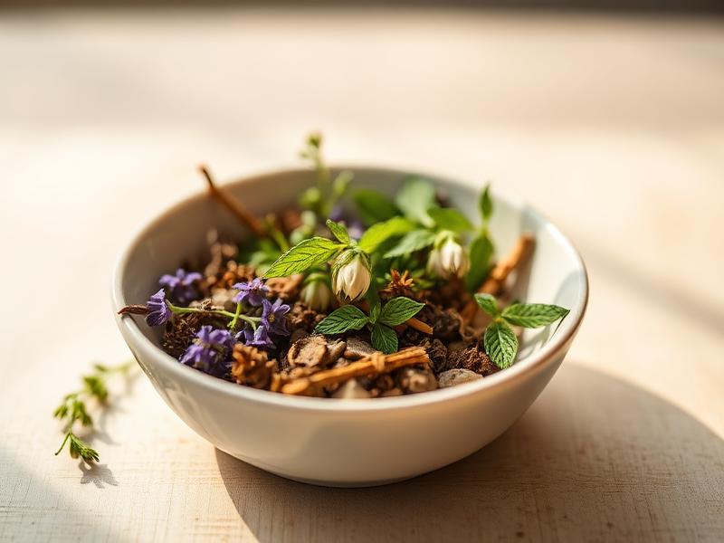 Hierbas medicinales en un cuenco de porcelana