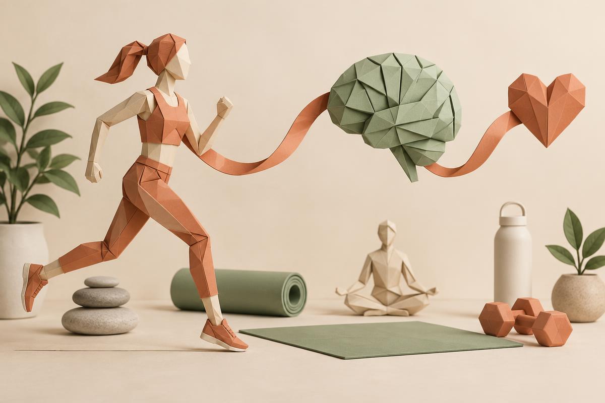 Figura de origami corriendo junto a un cerebro y un corazón en la paleta de AVE Wellbeing
