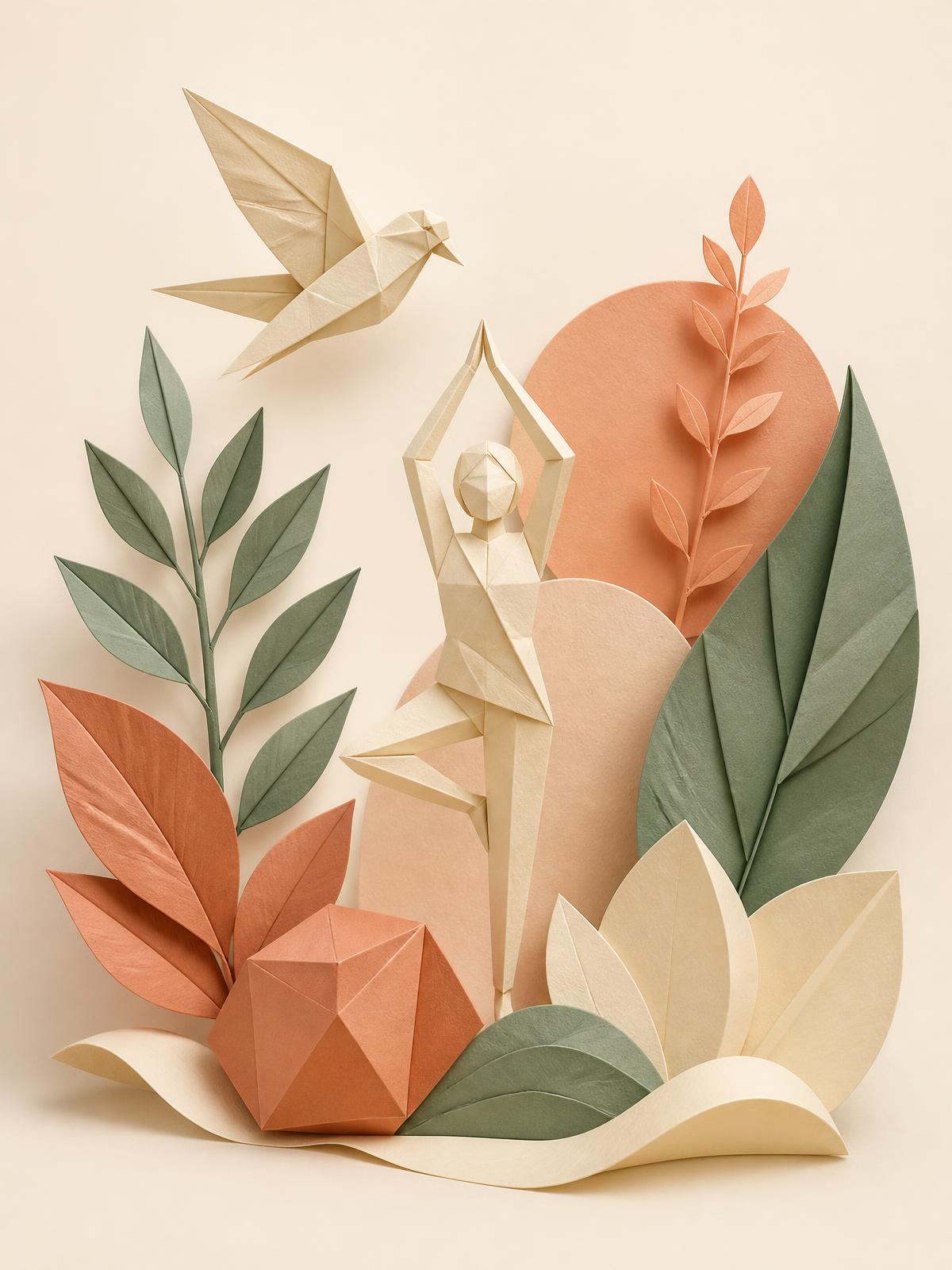 Composición conceptual de origami sobre salud y bienestar con hojas, ave y figura humana en tonos crema, melocotón, terracota y verde salvia